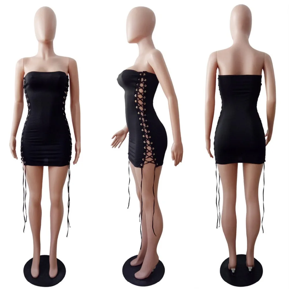 

Sexy Bandage Dresses 2021 Women Summer Sleeveless Strapless Hollow Out Lace Up Party Bodycon Mini Dress Clubwear Vestidos Black