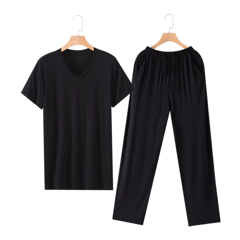 Modal Cotton Mens Pajamas Suits Short Sleeve Summer Modal Man Sleepwear for Causual Home Service Suits Loose Style Solid Colors
