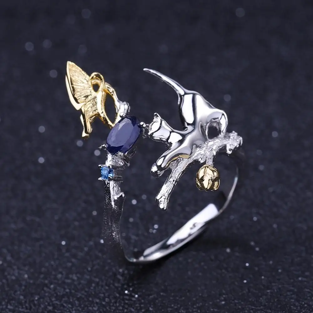Женское кольцо с бабочкой GEM'S регулируемое из серебра 925 пробы синим сапфиром