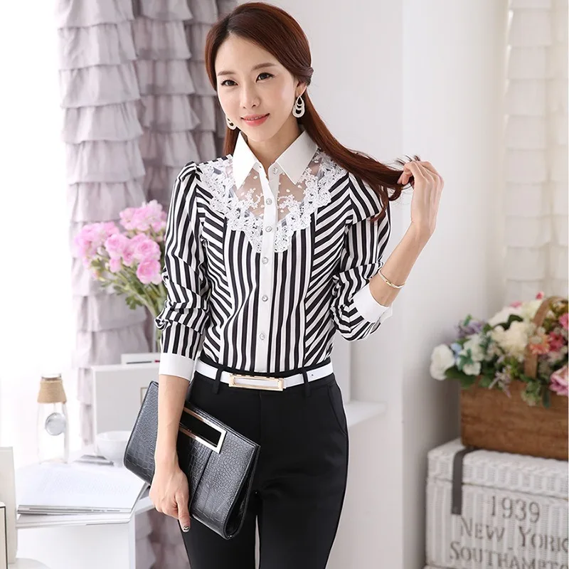 

2020 Spring Autumn Women Blouse Long Sleeve Lace Tops Striped Turn-Down Collar Blouses Official Female Formal Shirt Patchwork