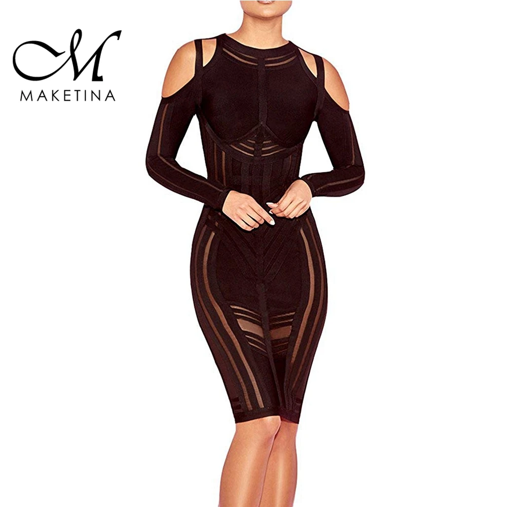 Женское Бандажное платье Maketina Черное мини в полоску с длинными рукавами без