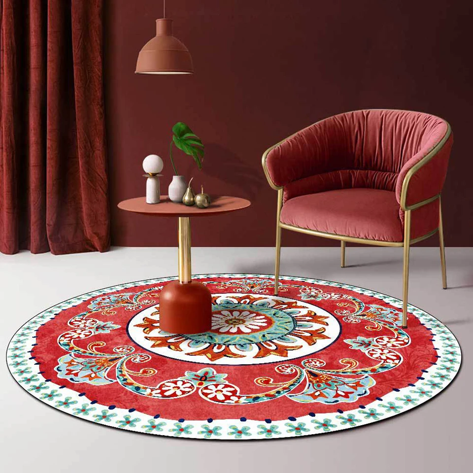 

3D Flower Rug For Girls Room Decoration Woman Round Carpets Bedroom European Ethnic Red Living Room Rug Anti-Slip Home Floor Mat