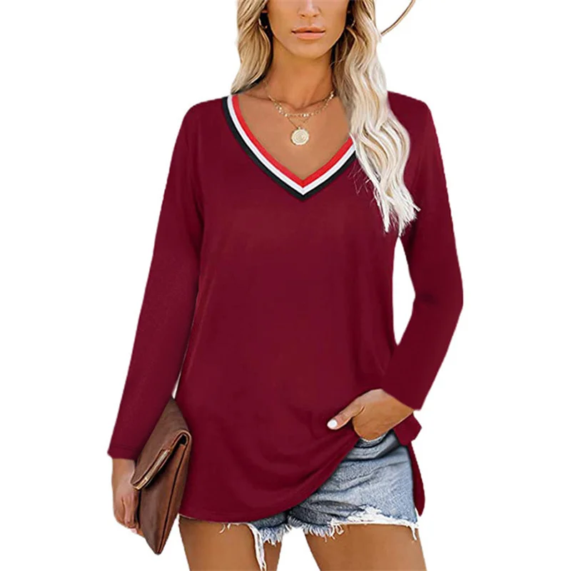 

Women V-neck Solid T-shirt Autumn Long short Sleeve Fashion Popular All-match Lady Summer Casual Loose Large Plus Size Pullover