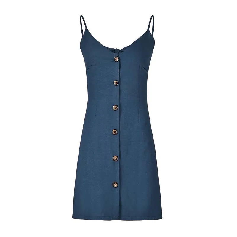 

Women Solid Color Sexy Spaghetti Dress Summer V-neck Back Lace-up Button Mini Dresses WL200