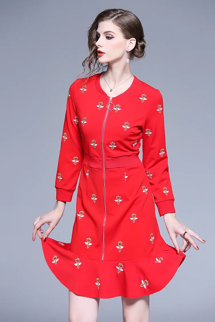 Весна с v-образным вырезом красный сложенный платье вышивкой Vestidos Invierno 2019 женский