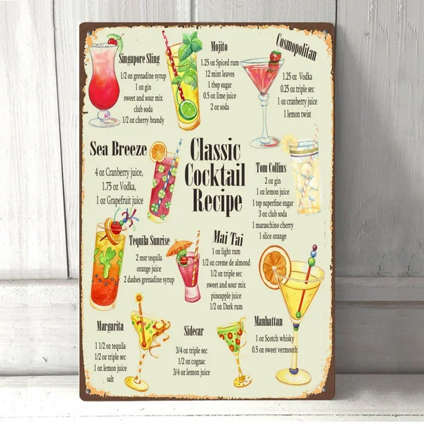 

Classic Cocktail Recipes Vintage Retro Metal Tin Sign Pin Up Metal Sign Metal Painting Metal Decor Wall Sign Wall Poste
