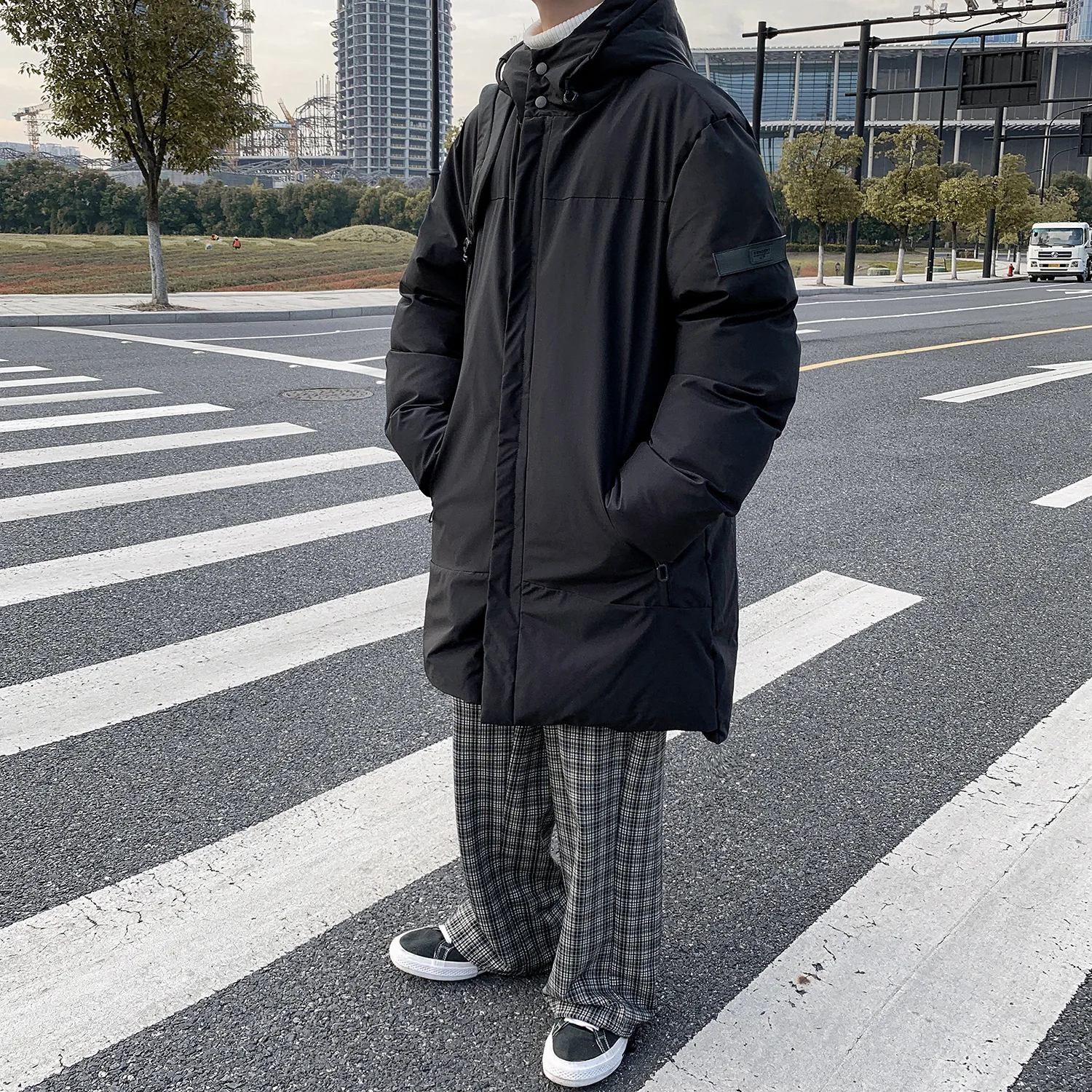 

Hong Kong style mid-length cotton coat men's hooded ins large size warm loose autumn and winter jacket down cotton jacket