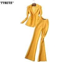 womens suit pants two piece office 2022 autumn and winter slim fit yellow ladies jacket suit casual high rise flared trousers