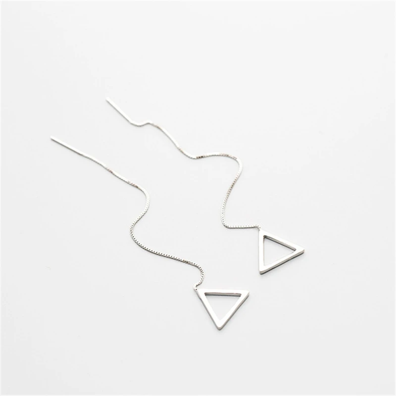 Женские серьги-подвески серебряного цвета длинные треугольные квадратные