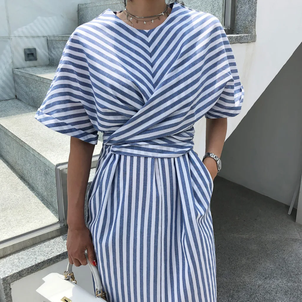 

Women's summer all-match fashion street style cotton blue striped short-sleeved pleated belt split long dress long dress