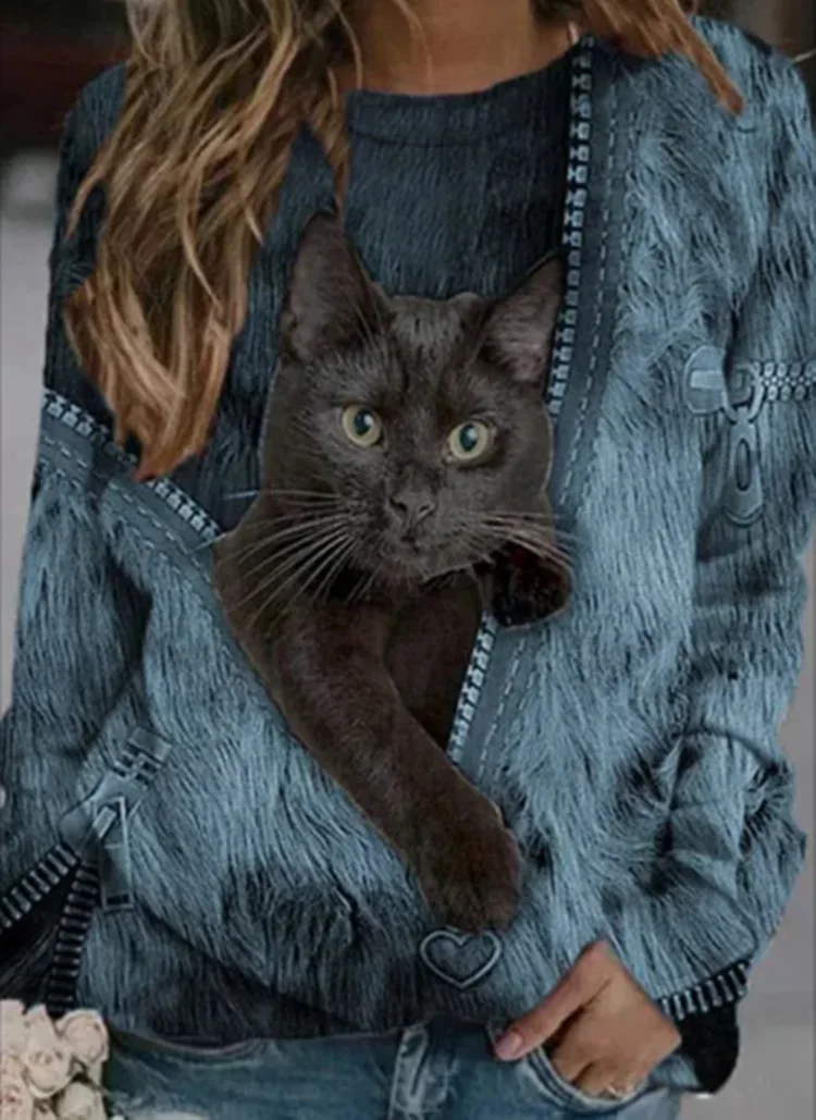 

2021 Spring and Autumn Amazon AliExpress EBay Europe and America Cross Border Zipper Cartoon Cat Printed Casual T-shirt