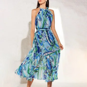 

Spring/summer 2021 fashion new lantern sleeve v-neck leaf-printed big swing sexy high-waist slit lace dress