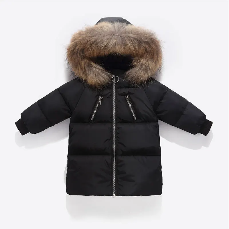 

2021 New Winter Children's Warm Duck Down Jacket Girls Boys Fur collar Kids Solid Cotton Coat Hooded Clothes Outerwear Parkas