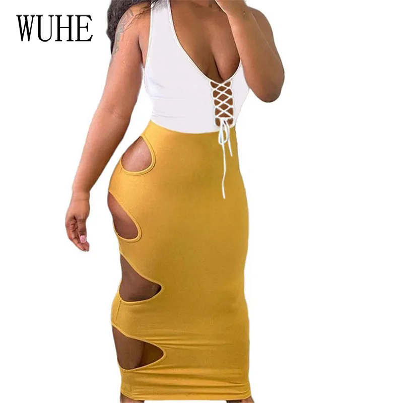 

KEXU Casual Skinny Dress Sexy Deep V Neck Sleeveless Cross Lace Up Hollow Out Hole Off Shoulder Package Hip Party Club Bodycon