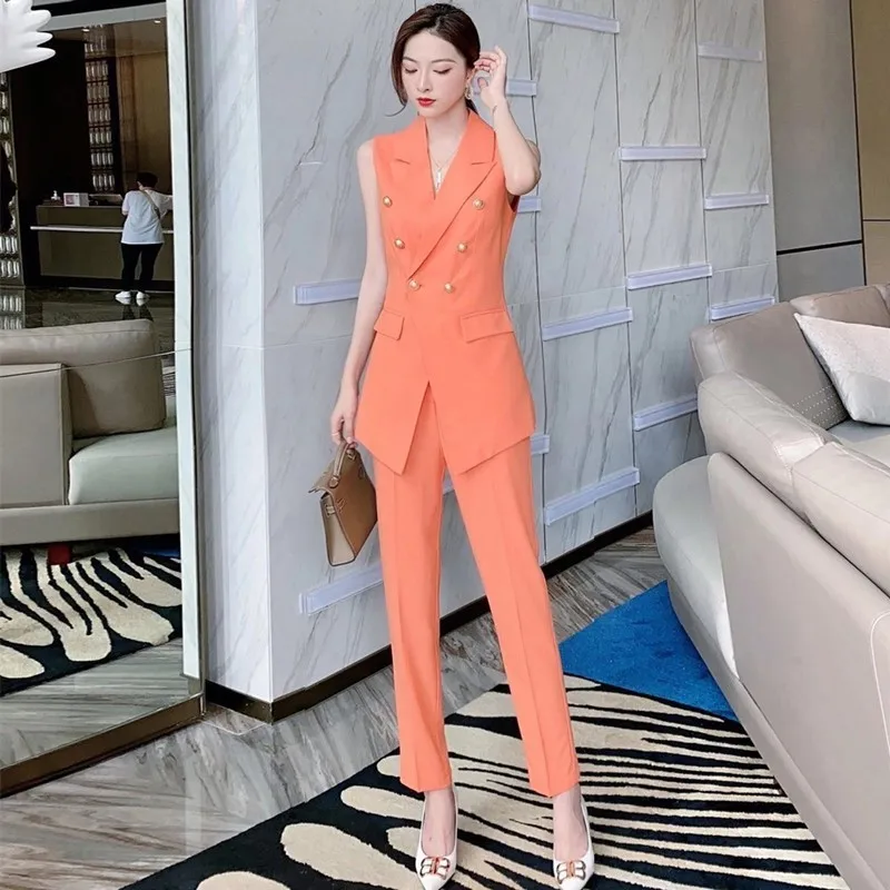 

Sleeveless Blazer And Pants Set For Women Vest Double Breasted Woman Suits Lady Suit Office Ensemble Femme Survetement