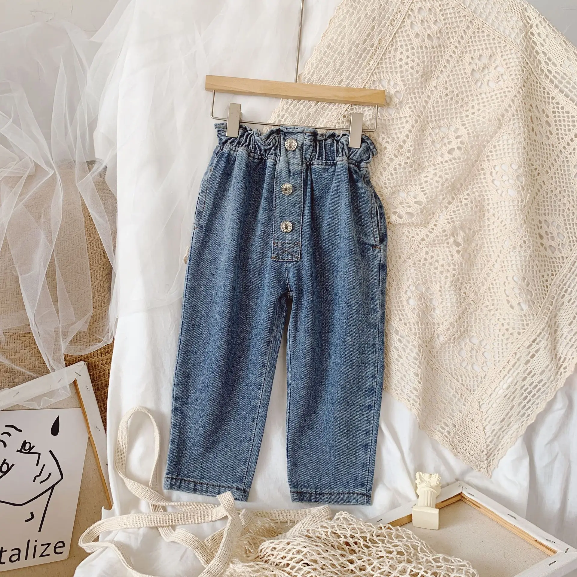 

Children's Clothing Girls Jeans Spring Autumn New Kids Casual Pants Loose High Waist Trousers