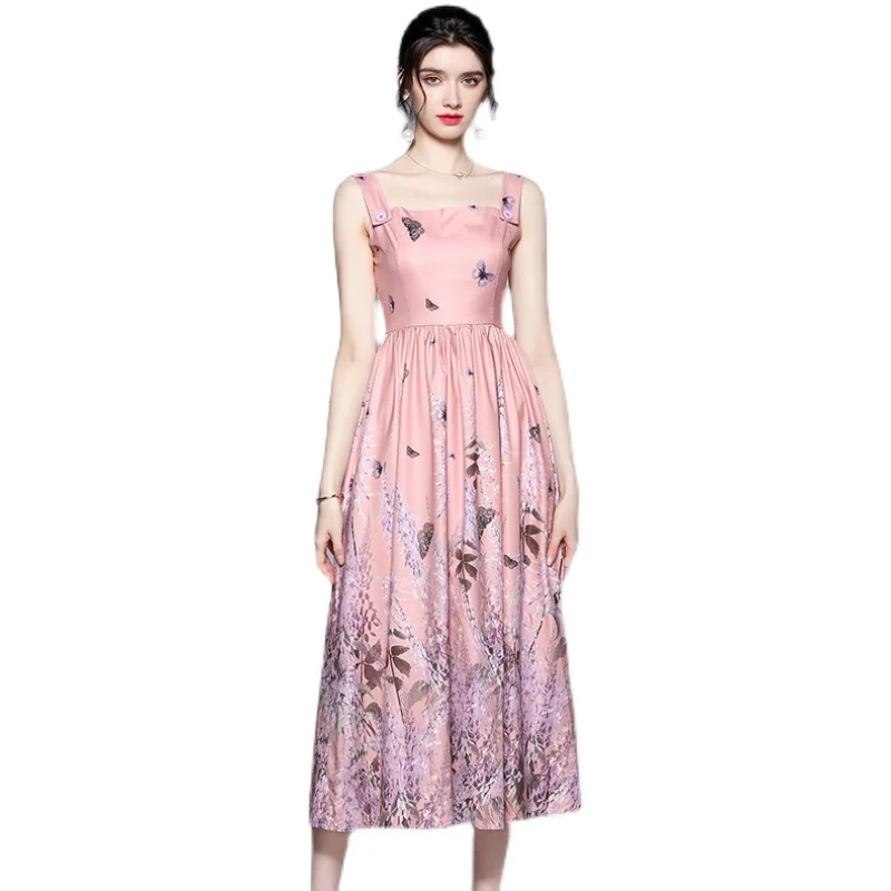 

Fashion Square Neck Sling Dress Womens Printing Pink Maxi Clothes Summer Girly Style