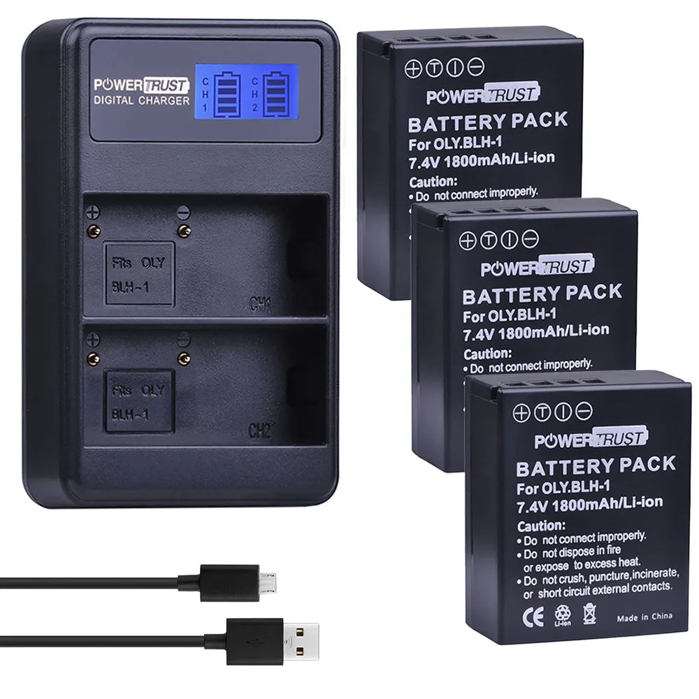 3battery and Charger PowerTrust 2 шт. BLH-1 BLH1 BLH 1 сменная батарея и ЖК-USB двойное зарядное устройство для камеры Olympus E-M1 Mark II - Цвет: 3battery and Charger