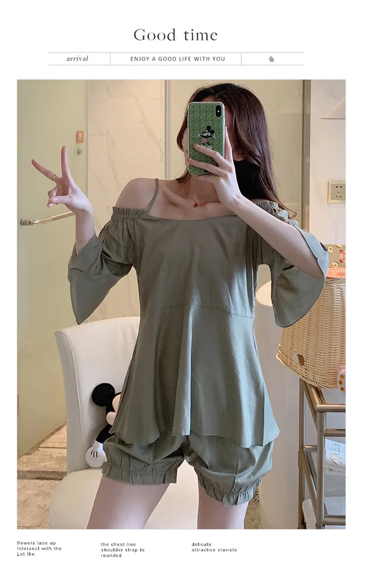 2021 Summer New Pajamas Sets Women's Short Sleeve Cotton Nightgown & Sleepstirts Thin 2Pcs Suit Off Shoulder Home Wear Sleepwear