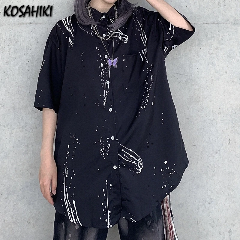 

KOSAHIKI Korean Chic Harajuku Vintage Tie-dye Printing Blouses Shirt 2021 Summer Short Sleeve Casual Loose Blouse Black Blusas