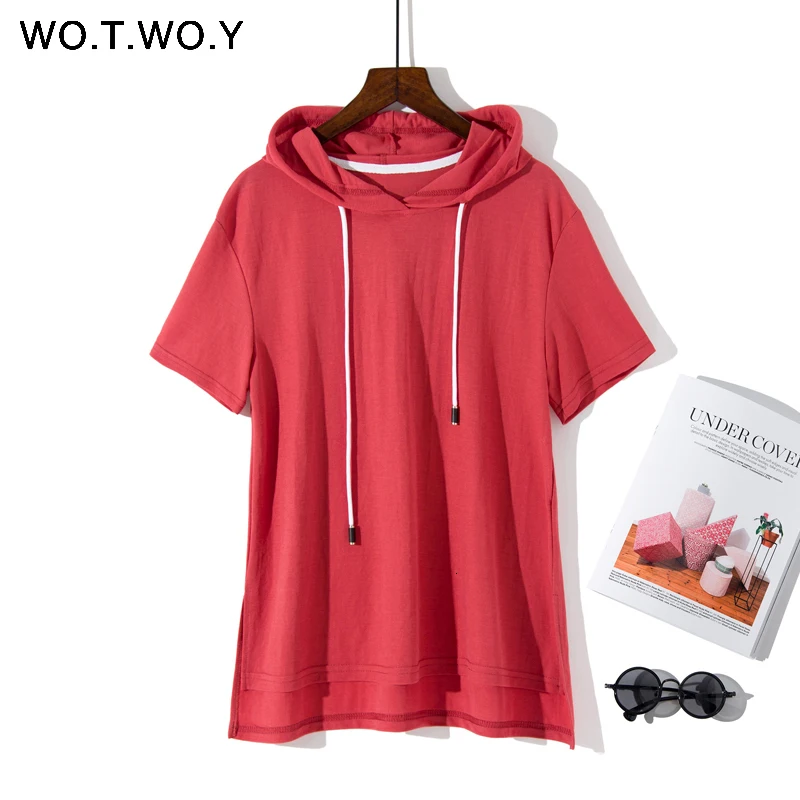 WOTWOY 9 красочных футболок с капюшоном для женщин летние хлопковые базовые повседневные свободные топы с коротким рукавом женские белые толстовки размера плюс