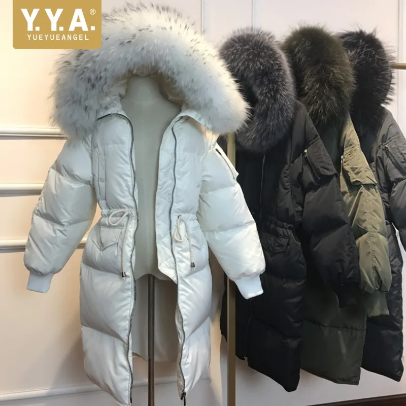 Модная зимняя женская парка длинное пальто с воротником из меха енота Толстая