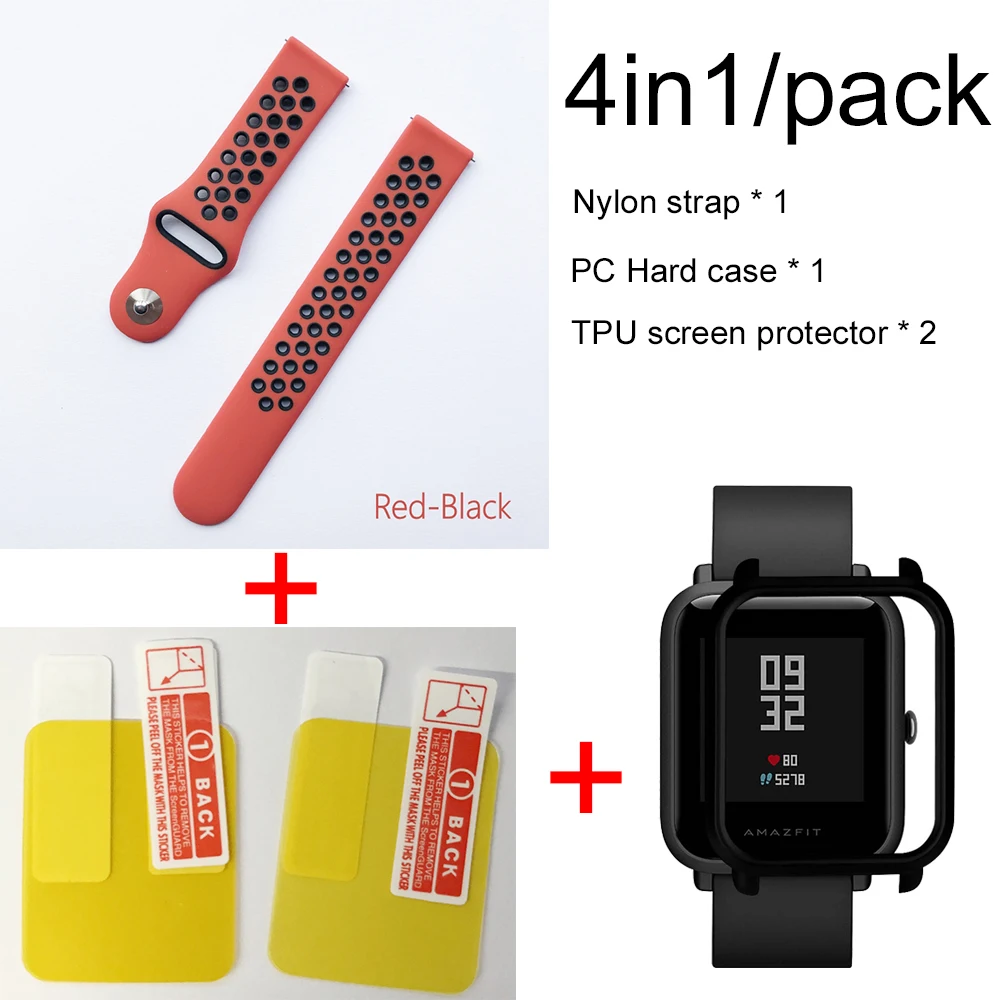 Red black-black 4в1 для Xiaomi Huami Amazfit ремешок Bip мягкий спортивный браслет из силикона Smartwatch Браслет с PC чехол Защита экрана - Цвет: Red black-black