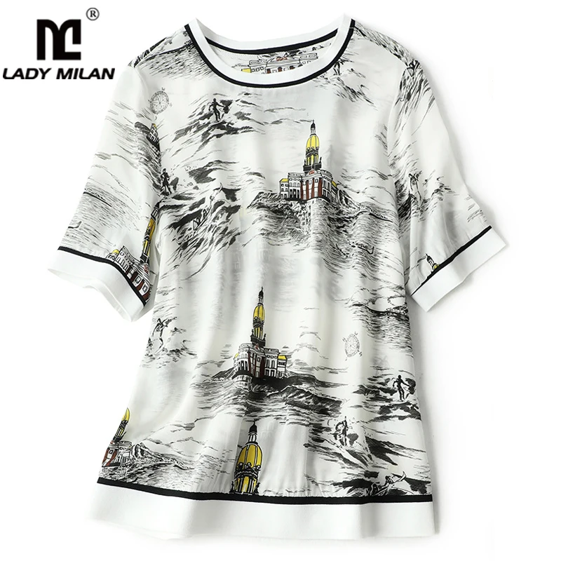 

100% Heavy Natural Silk Women's T Shirt O Neck Short Sleeves Piping Fashion Blouse Tops