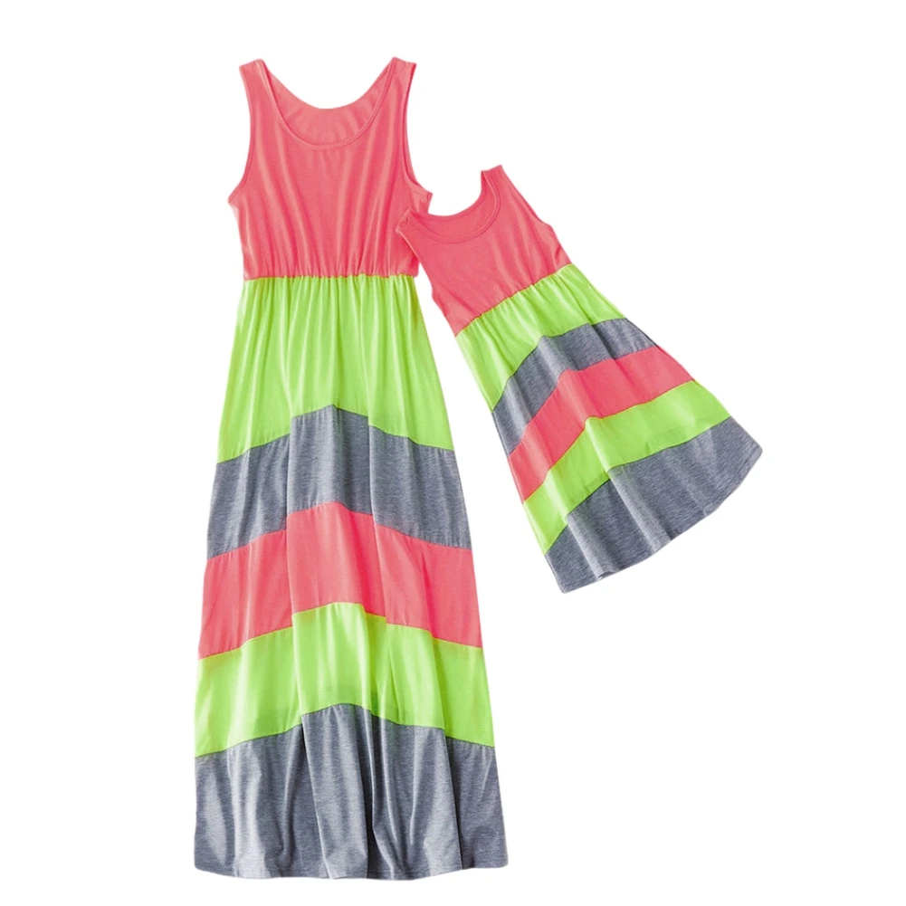 

Baywell Family Matching Outfits Mommy And Me Striped Long Dresses Mother Daughter Sleeveless Dresses Girls Summer Dress