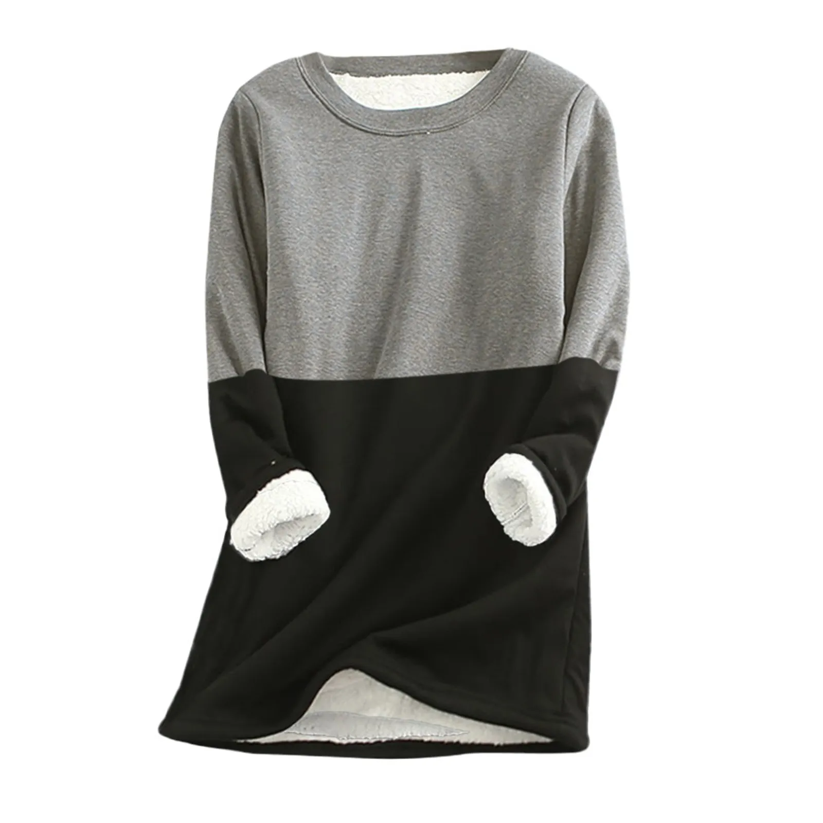 Long Thick Stitching Solid Color Round Neck Sweater Women's Fleece Matching Sweatshirt Warm Underwear Fashion Top | Женская одежда