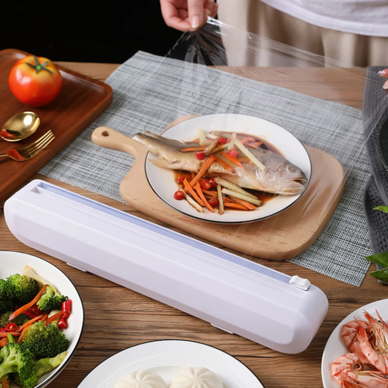 

1 шт. резак для обертывания еды, диспенсер для фольги, пластиковый острый резак, держатель для хранения, кухонные аксессуары, гаджеты