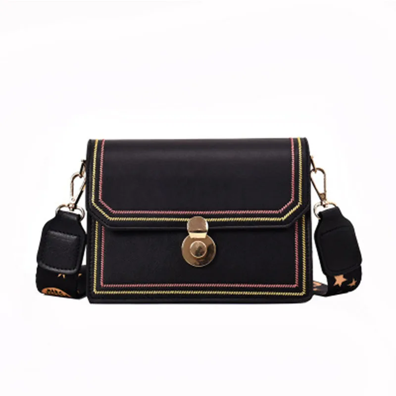 Bag for women new Korean style straddle bag outdoor travel chic wide band sewing fashion one shoulder small square bag - Цвет: Черный