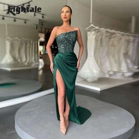 eightale arabic evening dresse one shoulder sequin top high side split dark green long formal prom gown celebrity party dress