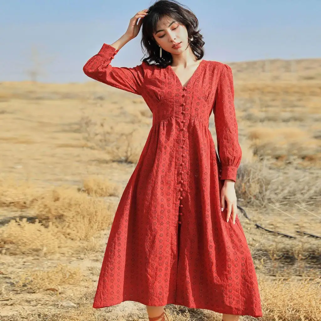

Hollow Out Red Dress Women Clothes Spring Autumn Lantern Sleeve V Neck Embroidery Dresses Vintage Female Midi Dress Fashion