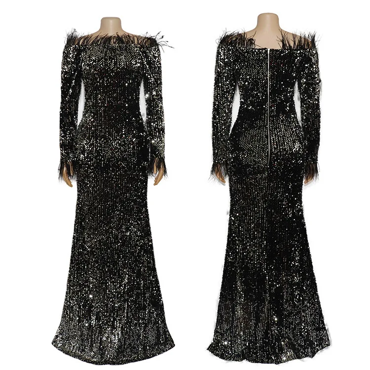 Осенние длинные женские вечерние платья пикантные Sequinis Slash шеи перо элегантное