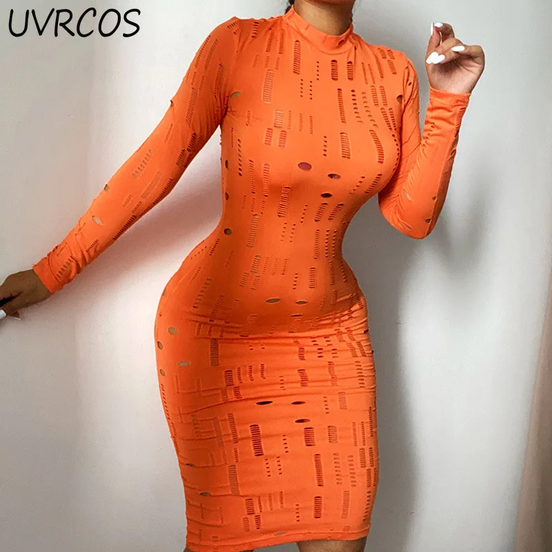 

New 2021 Solid color O Neck Long Sleeve Hollow Out Sexy Knee-Length Dress Summer Autumn Women Fashion Streetwear Outfits Dresses