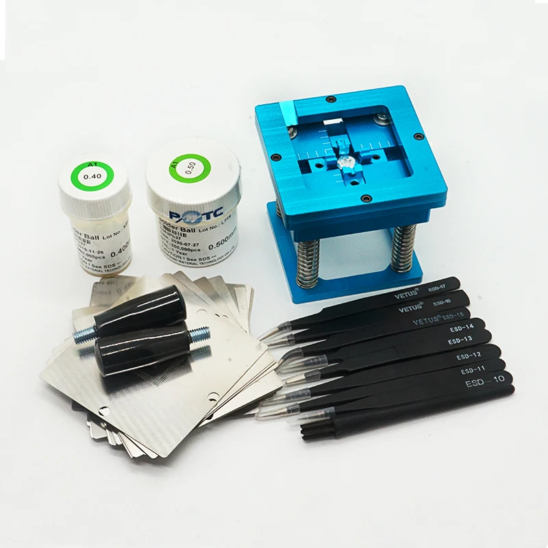 

1Set 90MM Blue With Handle Reballing Jig 36Pcs BGA Stencils 250K Solder Balls ESD Tweezers 8 Set ESD brush For IC Repair