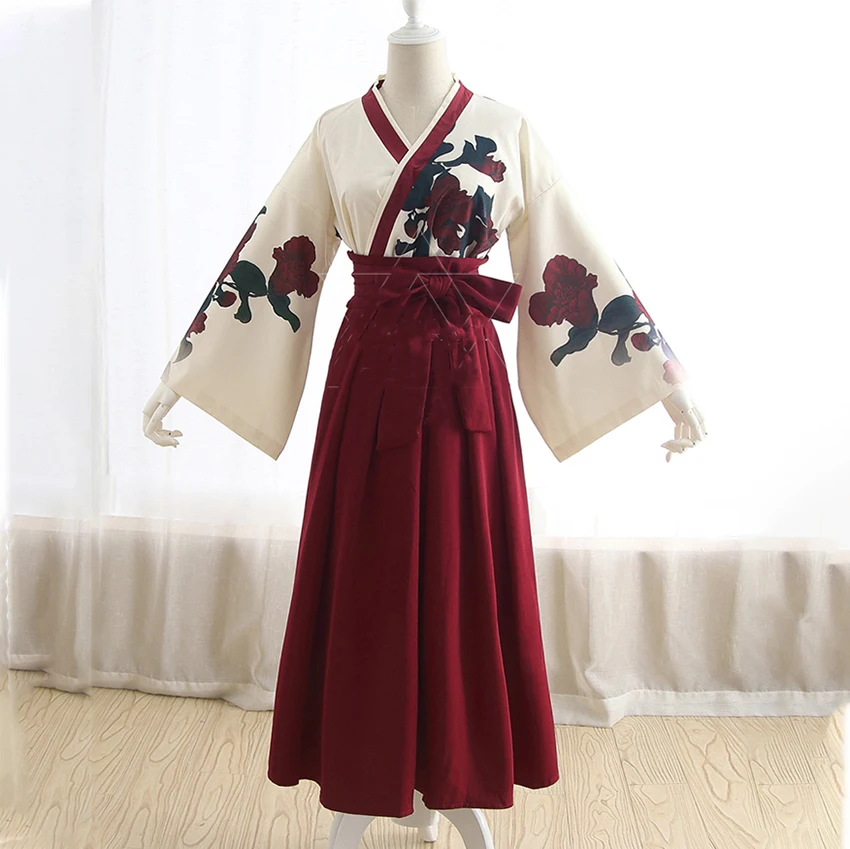 Кимоно в японском стиле для женщин, Taisho Girl Haori, модный топ с цветочным принтом и юбки, наряды, азиатская одежда, Camellia love