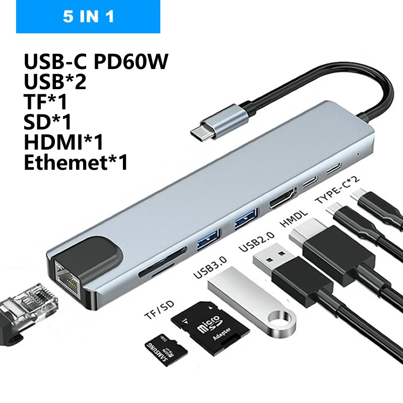

USB C to Ethernet Adapter Rj45 Lan C Hub 4K HDMI-Compatible SD/TF Card Reader PD Fast Charger Dock Station For MacBook Air Pro