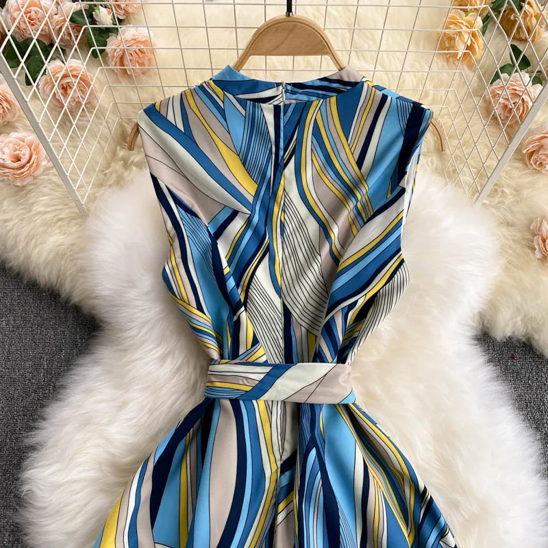 Mixi-elegante vestido de oficina para mujer, moda de verano, estampado azul, sin mangas, 2021