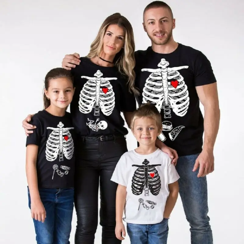 Cool Halloween Tops Family Women Men Kids Short Sleeve Skeleton Print Casual Dad Mom Festival T-Shirts Clothes | Мать и ребенок