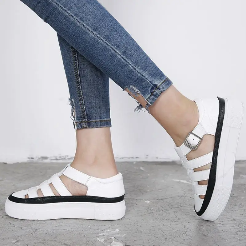 

KemeKiss Women Fashion Real Leather Sandals Round Toe Platform Shoes Hollow Out Buckle Strap Casual Outdoor Ladies size 34-40