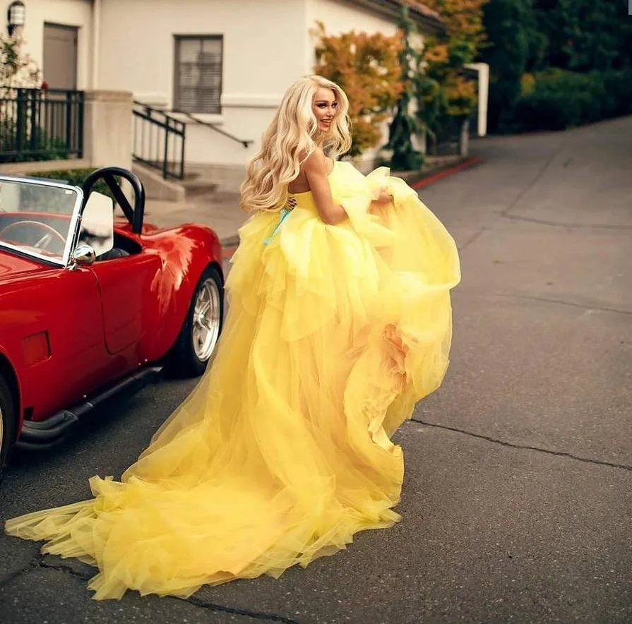 

Fashion Gold Prom Dresses 2021 Yellow Women Formal Party Gowns Long Tulle High Split Puffy Vestido De Festa Robe Soiree
