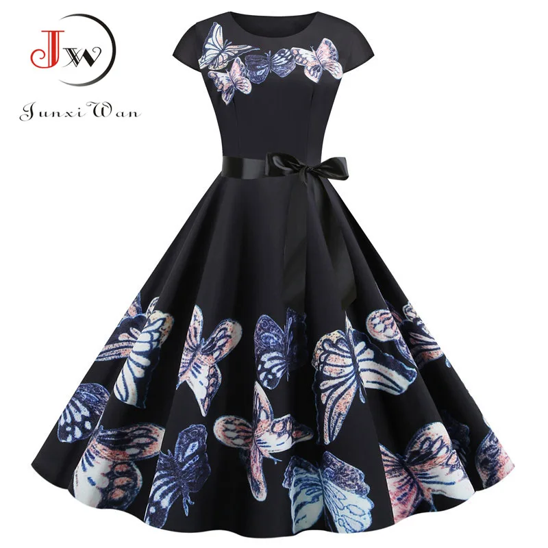 Женское винтажное летнее платье 2021 модное черное с круглым вырезом и цветочным