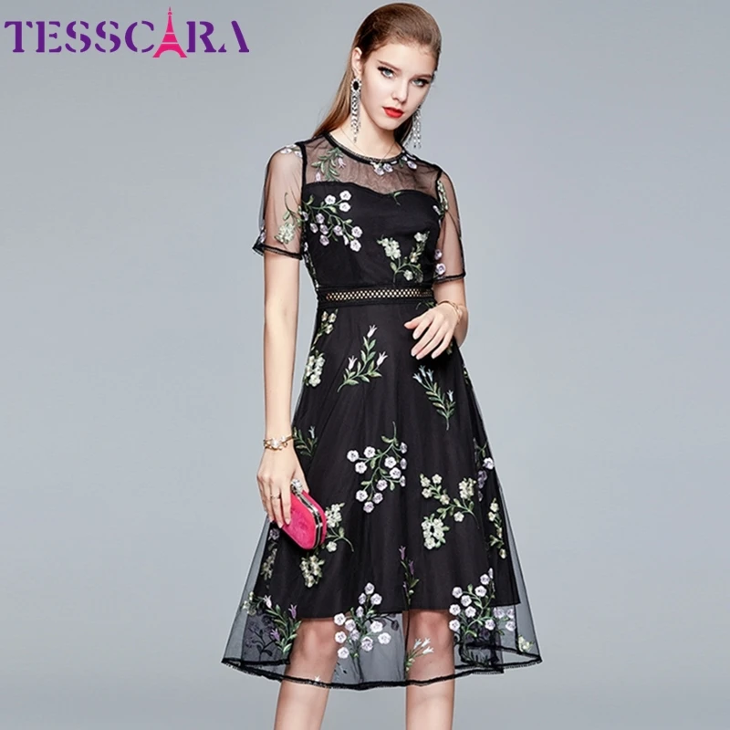 Женское Сетчатое платье с вышивкой TESSCARA винтажное элегантное вечернее цветочным