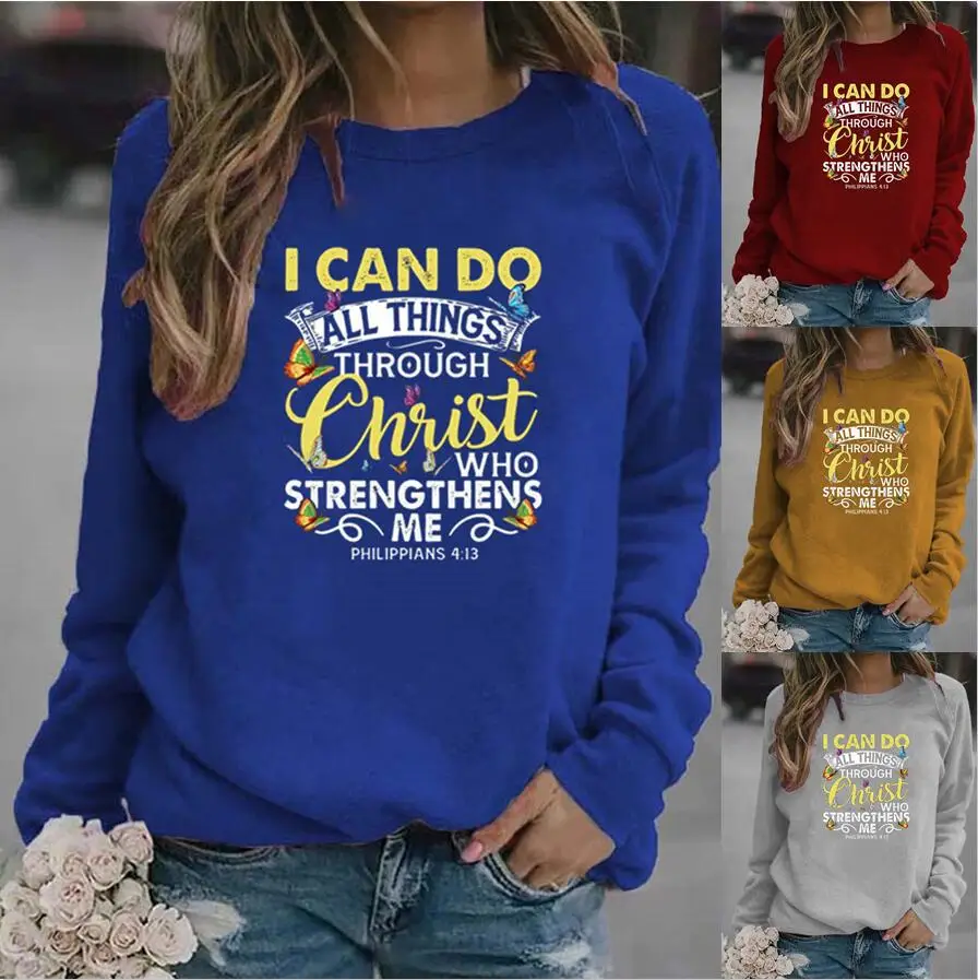 

Women Hoodie I Can Do All Thing Printed Hoodies Women Fleece Long Sleeve O Neck Loose Sweatshirt Girls Pullovers Autumn Winter