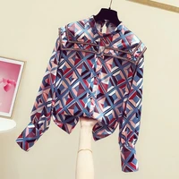 2020 new autumn retro western style plaid stand collar female shirts color block all match drill button casual long sleeve top