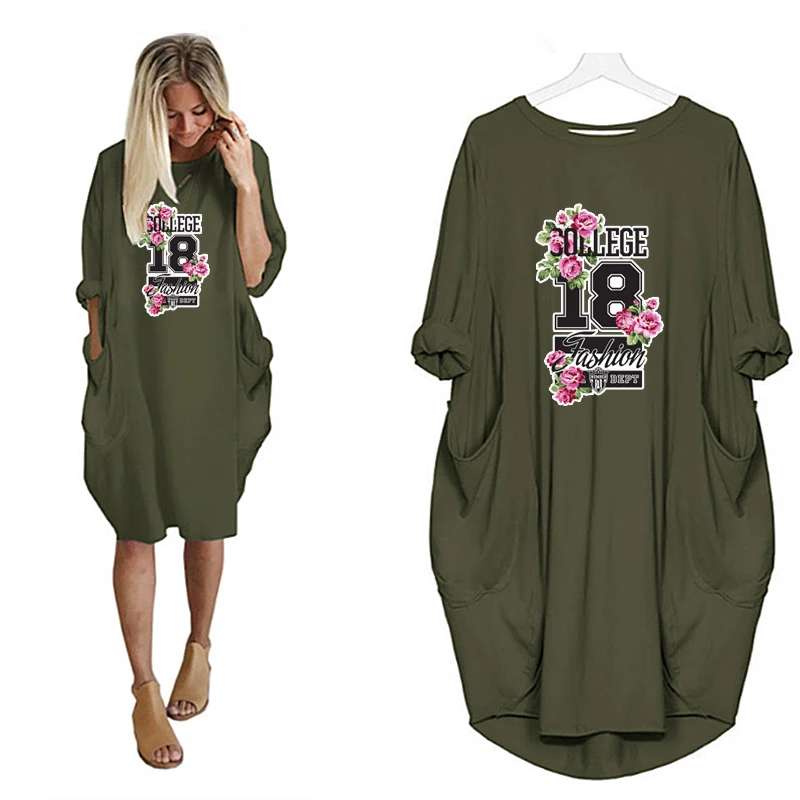 

New Vogue Dress For Women Flower Number Print Female Dress Casual Loose Long Sleeve Dress Popular Hot Women Dress