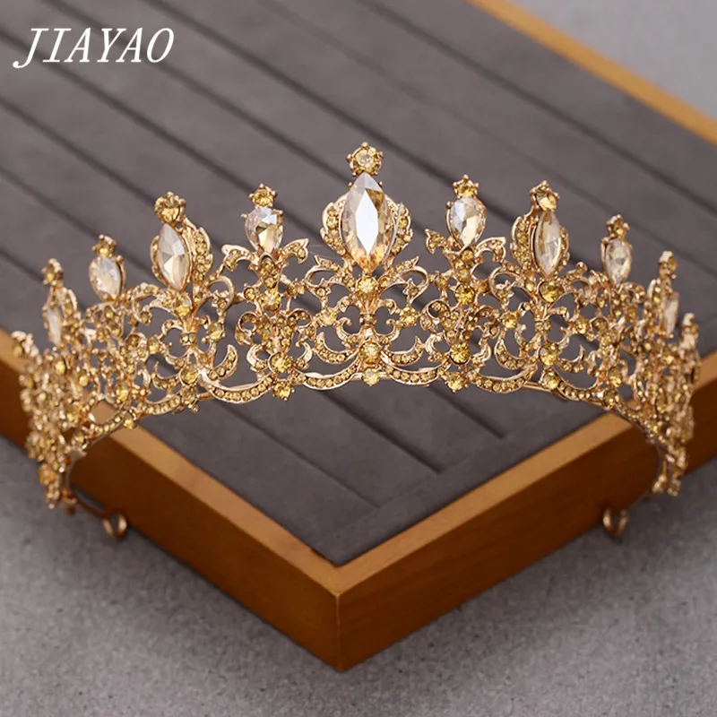 Bridal Tiaras and Crowns Hair Jewelry Champagne Gold Crystal Rhinestone Wedding Accessories Crown Queen Diadem Ornament | Украшения и