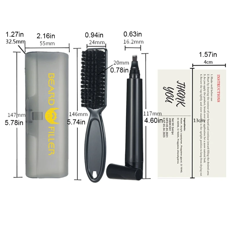 

Waterproof 4 Fork Tips Beard Shaping Pen Filler with Styling Brush Storage Case for Men Enhance Tool
